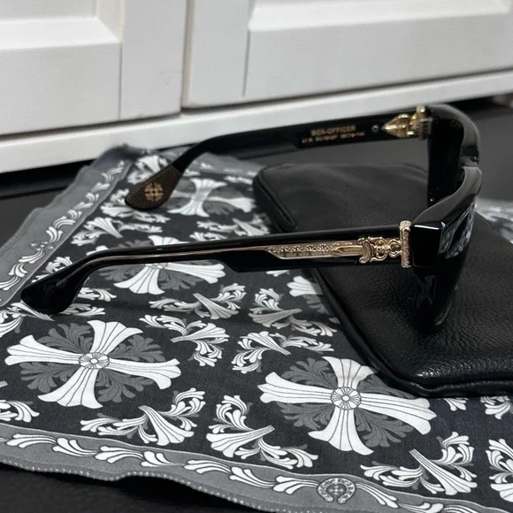 Chrome Hearts “Box-Officer”Sunglasses, Gloss Black with 18k Gold Plated Design